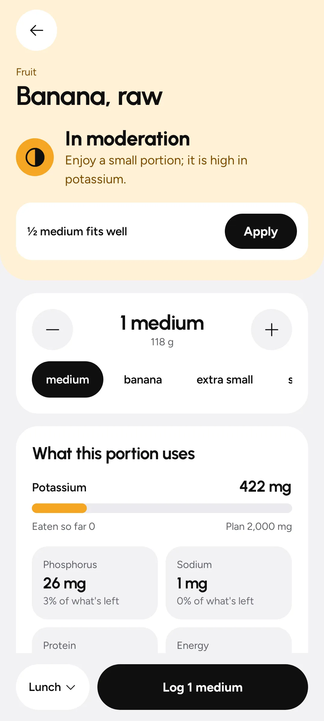 Renaly showing a banana rated in moderation, with half a medium banana as the portion that fits the day's potassium.