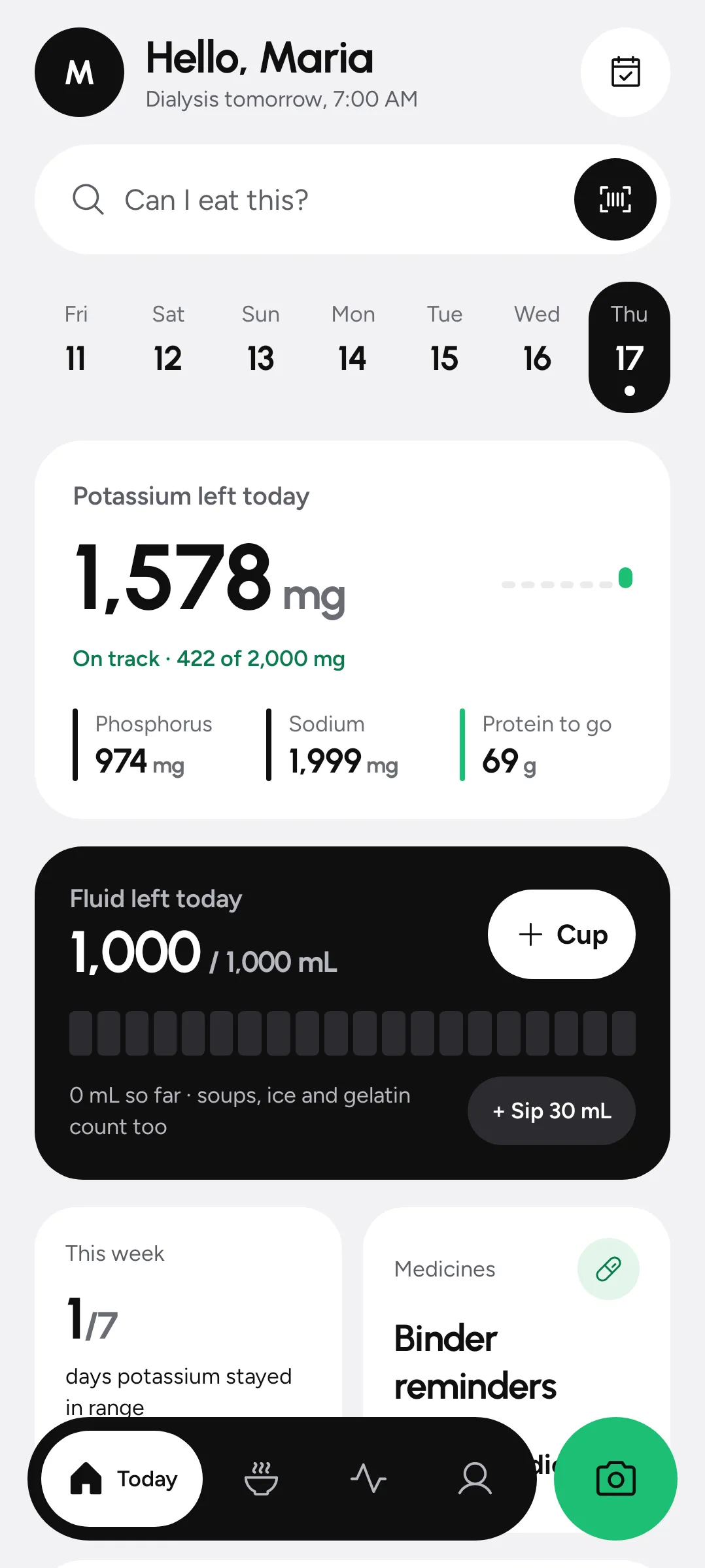 The Today screen showing potassium left today, a fluid budget and a “Can I eat this?” search field.
