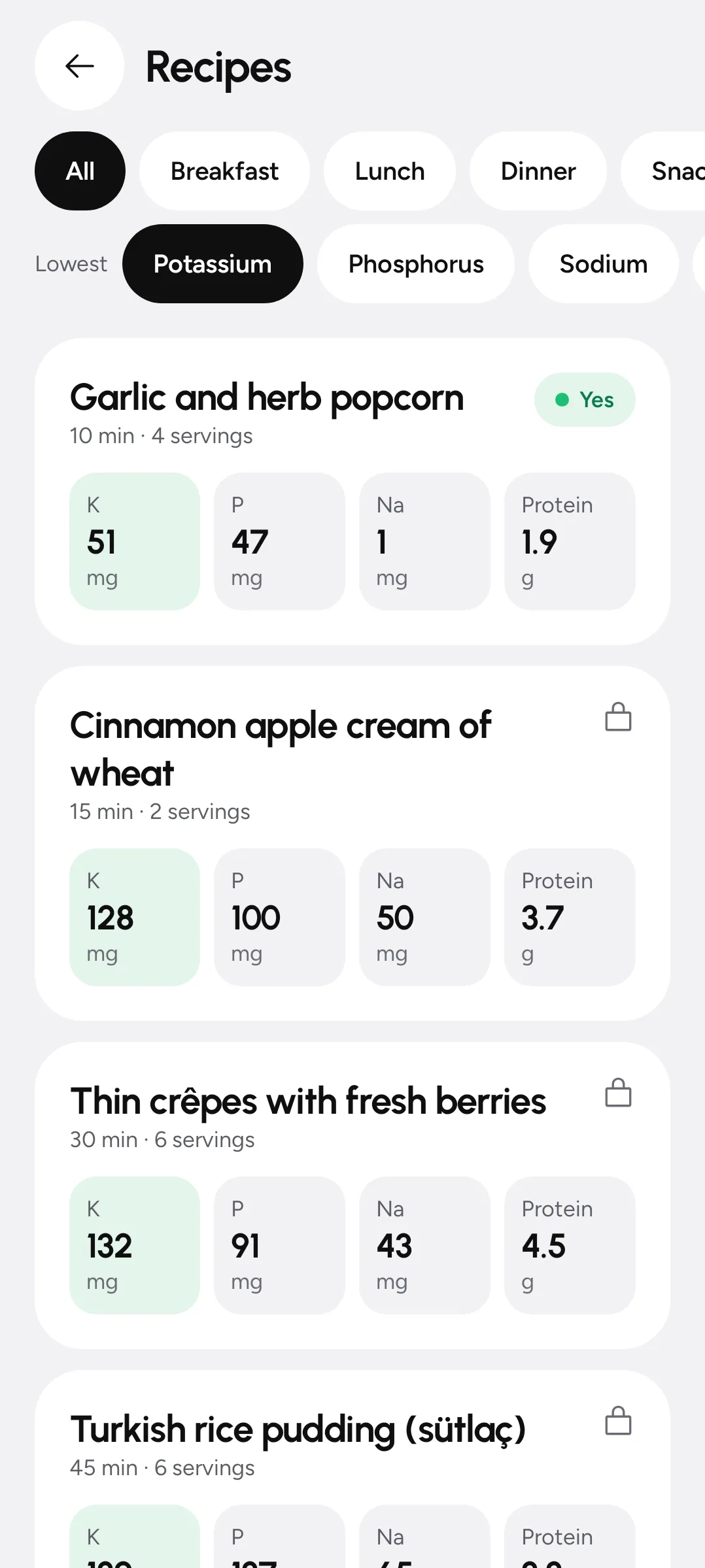 Recipe list filtered and sorted by potassium and phosphorus.